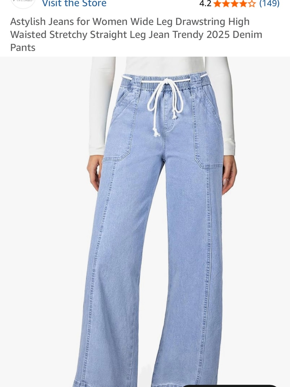 High-Waist Wide Leg Drawstring Jeans - Light Blue